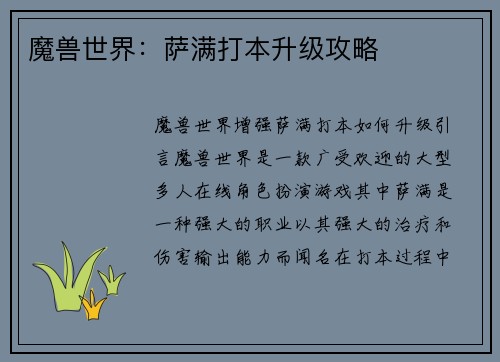 魔兽世界：萨满打本升级攻略