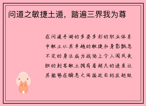 问道之敏捷土遁，踏遍三界我为尊